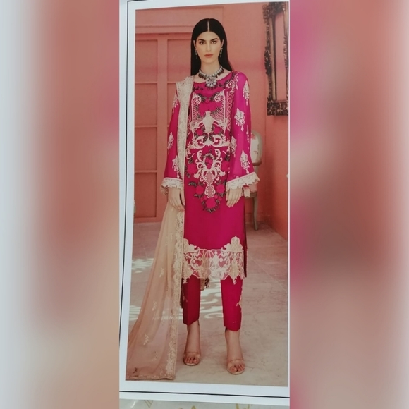 Pakistani designer 3 piece chiffon suit - Azure - Picture 2 of 2